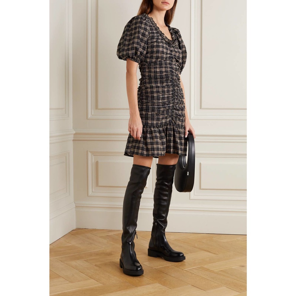 NWT Ganni Ruffled Ruched Checked Seersucker Mini Dress Brown Black 38 / 6